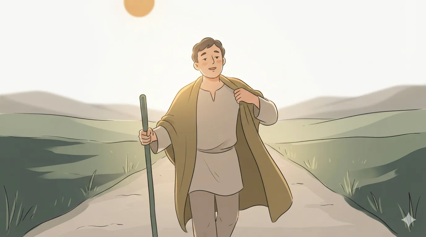 A male traveler on an open road loosens his heavy cloak under warm sunlight, eyes half closed.