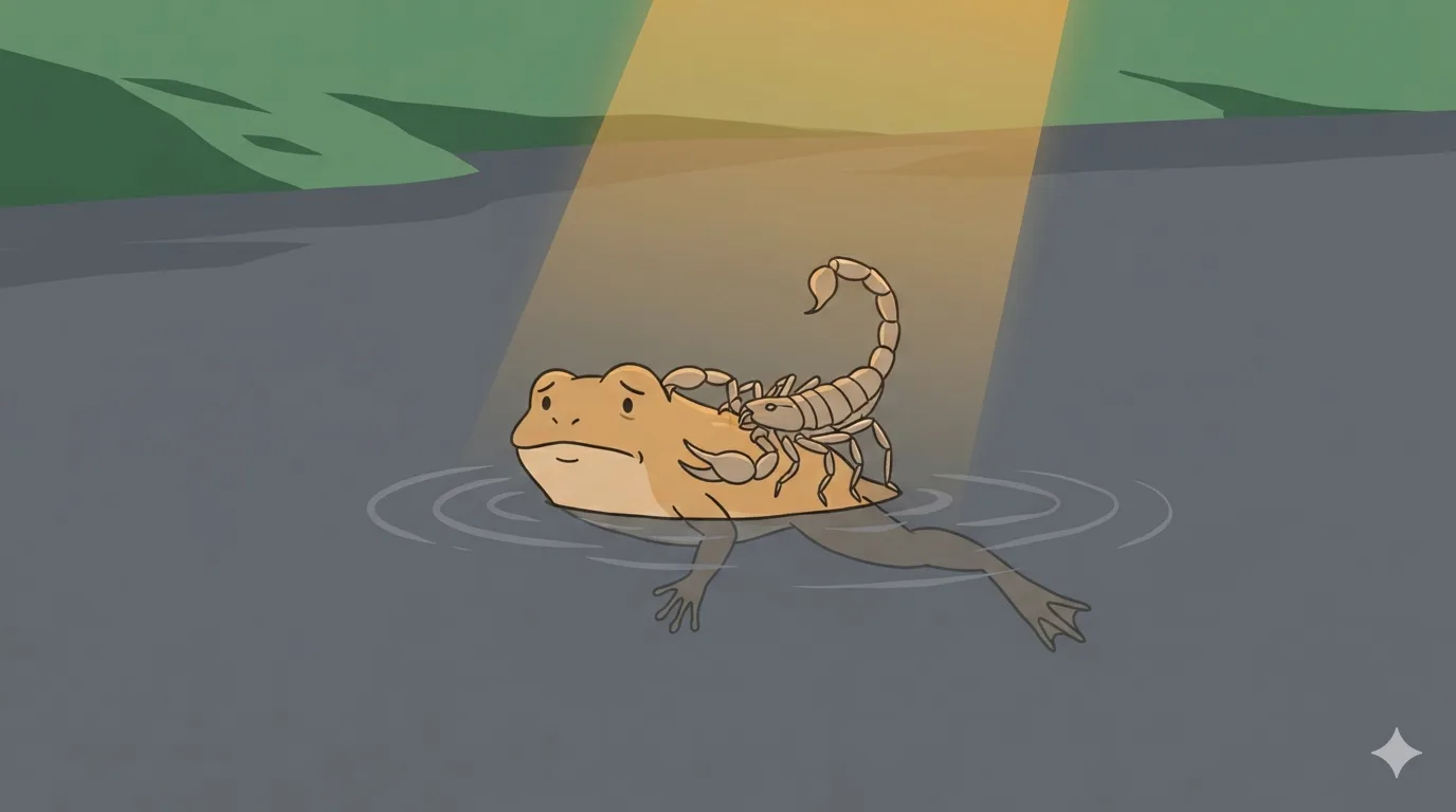 A scorpion clings to a sinking frog's back mid-river, its stinger just struck, as both begin to go under.