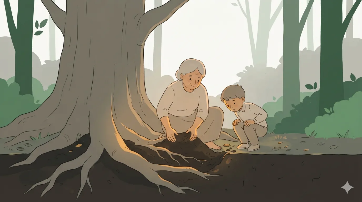 A master reveals thick roots at the base of a tree, a student watches beside her.
