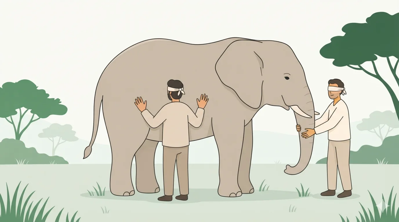 Two blindfolded men touch an elephant with their hands — one its side, the other its trunk.