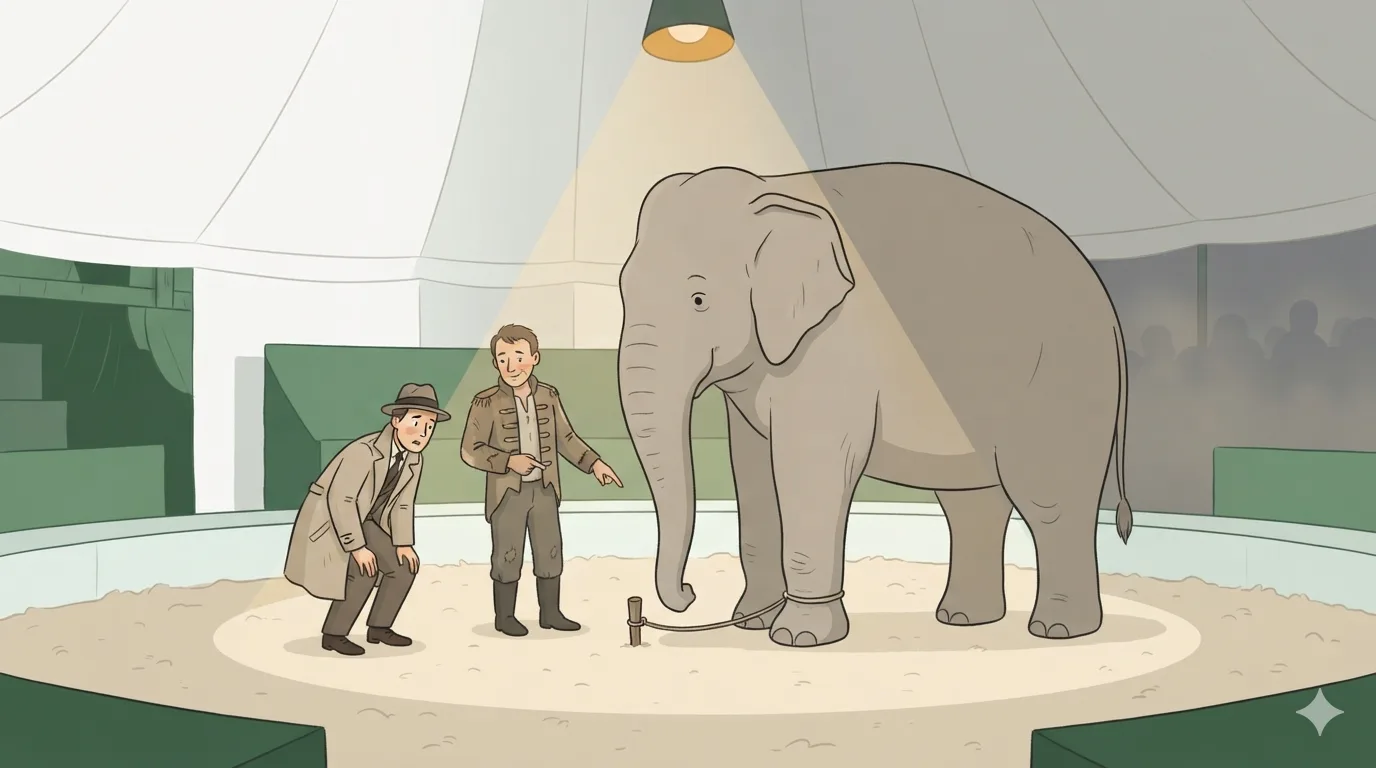 A massive elephant with only one front leg tethered by a thin rope to a tiny wooden stake, its other legs free, as a visitor and trainer look on in a circus tent.