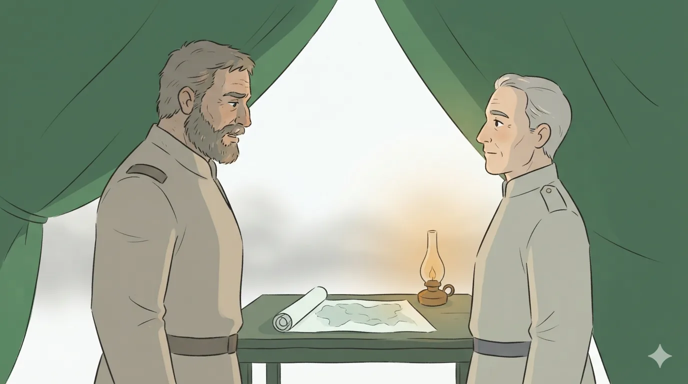 An older general faces a bearded officer at a table with a map and lamp inside a tent.