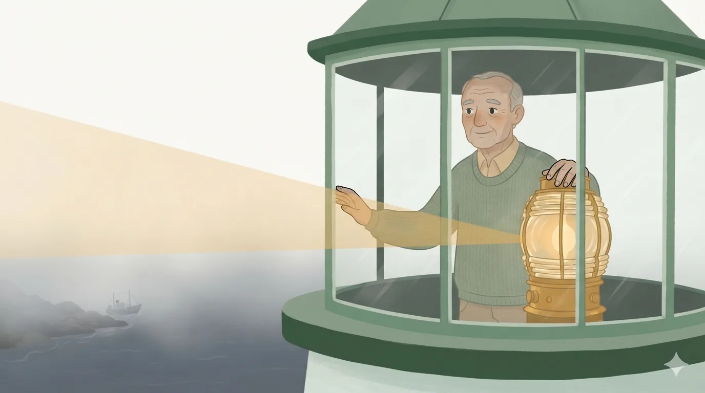 An older lighthouse keeper stands alone by his lit lamp, gazing out to sea toward a distant ship in fog.