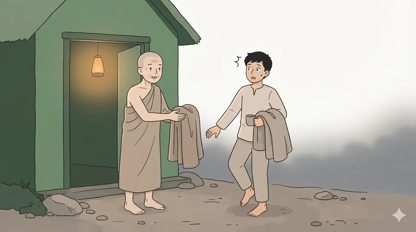 An old monk holds out a folded robe to a startled young man outside a hut at night.