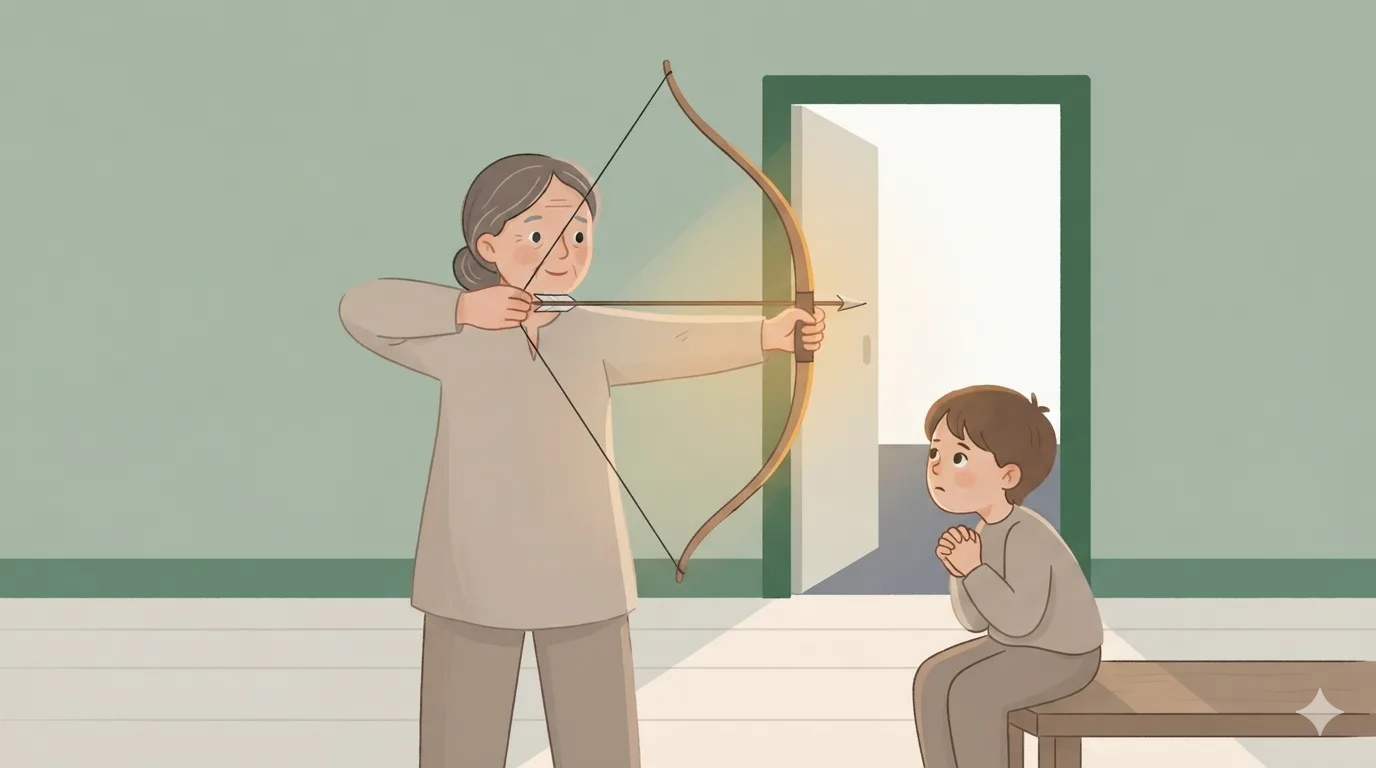 A teacher draws a bow to full tension while a seated young student watches the taut string.