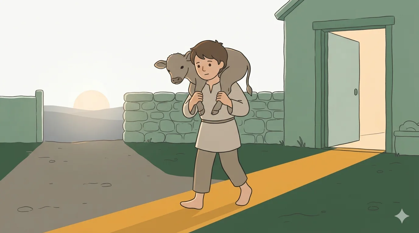 A young boy carries a newborn calf across his shoulders through a farmyard at sunrise.