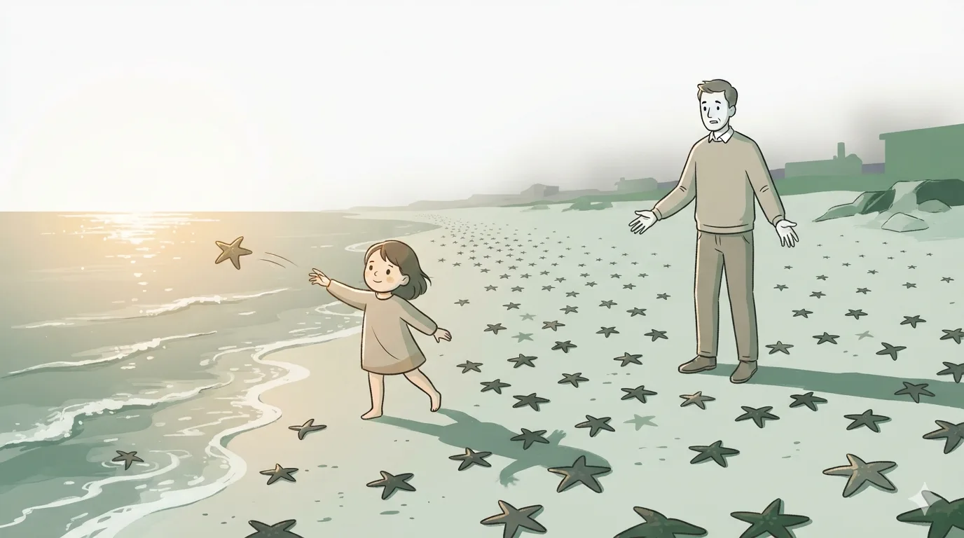 A child throws a starfish toward the waves as a man stands behind on a beach covered with stranded starfish.