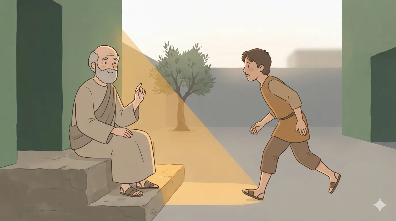 An old bearded man seated on a stone step raises one hand while a younger man leans toward him mid-stride.