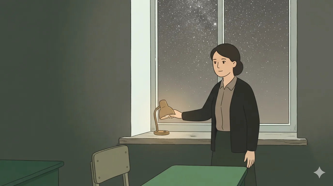 A woman by a classroom window has just switched off a desk lamp, a starry night sky beyond the glass.