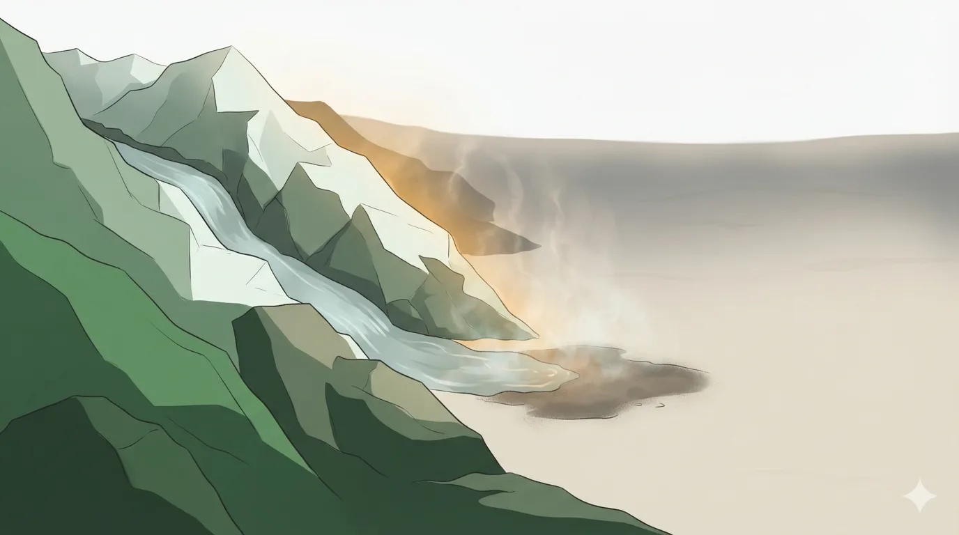 A mountain stream flows down and comes to a stop in a single wet patch of desert sand, wisps of mist rising from the water.