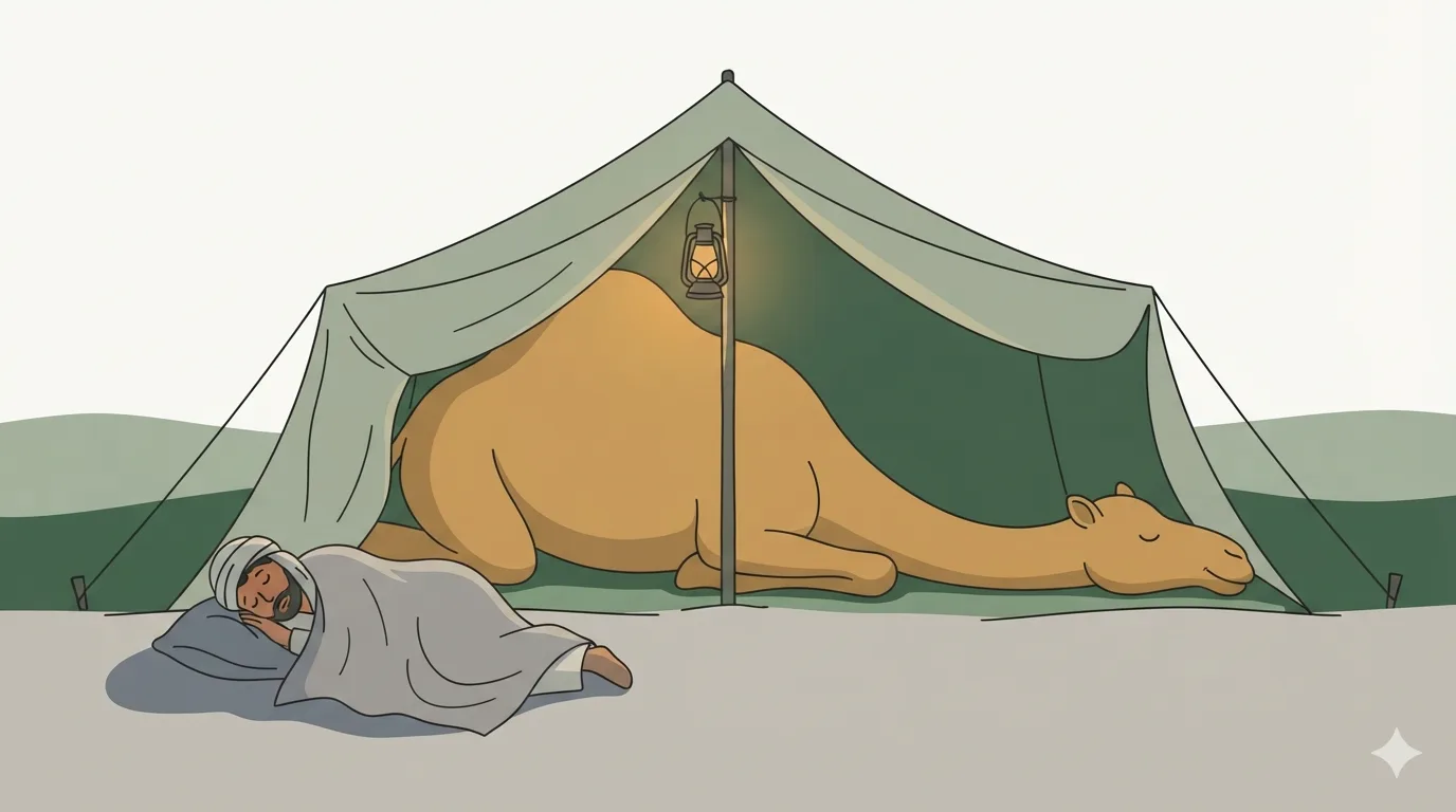 A merchant sleeps in the sand outside his tent at dawn while his camel occupies the entire tent interior.