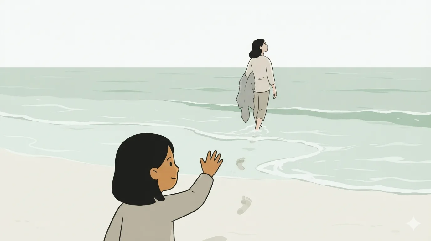 A girl on the shore reaches out after her mother, who walks into the sea carrying the sealskin.