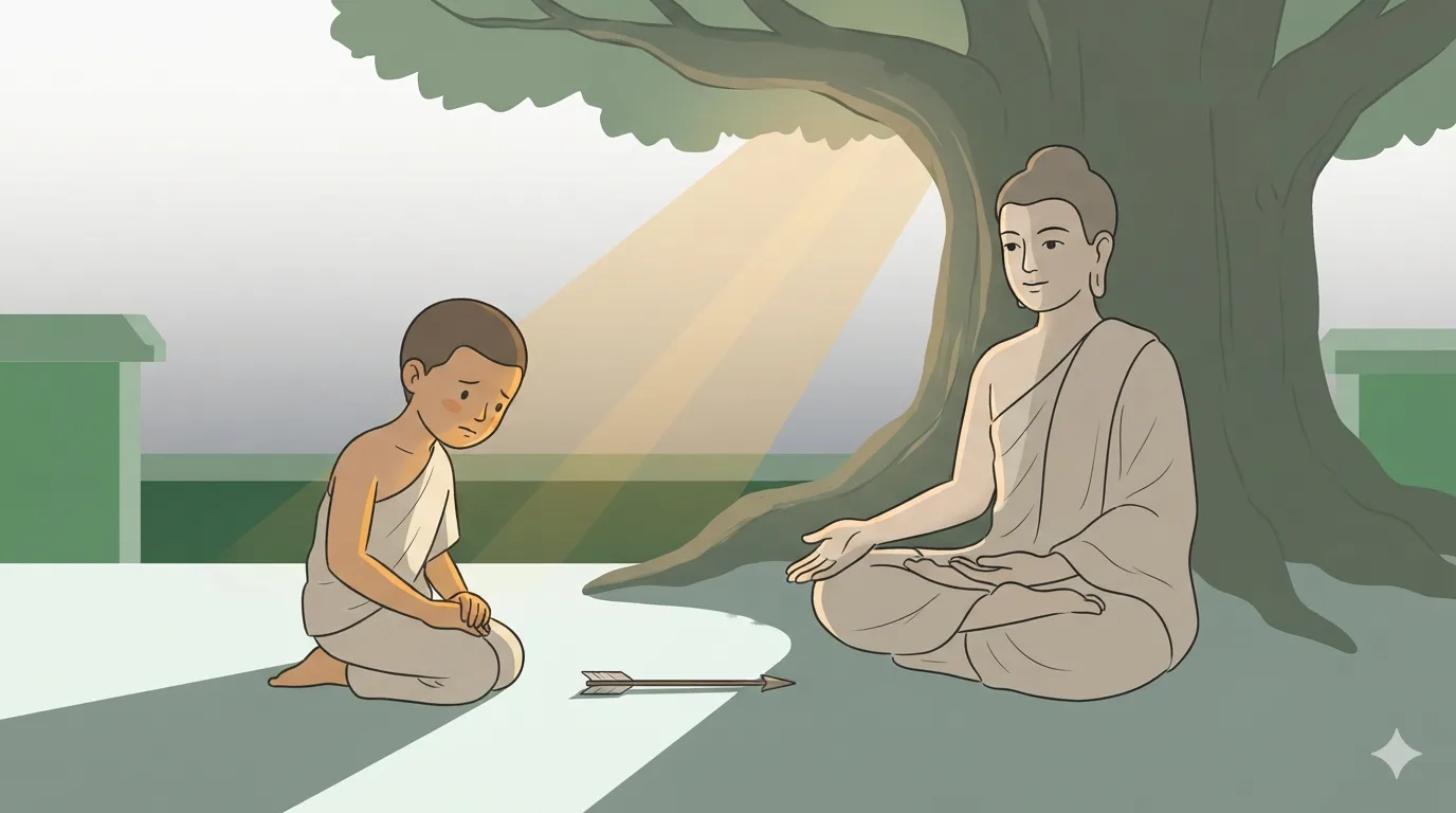 The Buddha speaks to a kneeling student beneath a tree at dusk, a single arrow resting on the ground between them.