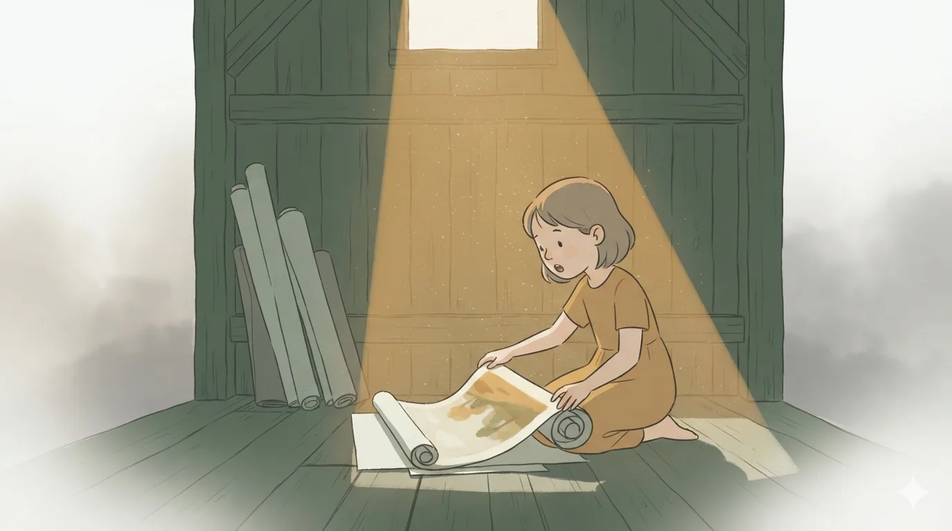 A girl kneels unrolling a large canvas in a shaft of light from a barn's attic window.