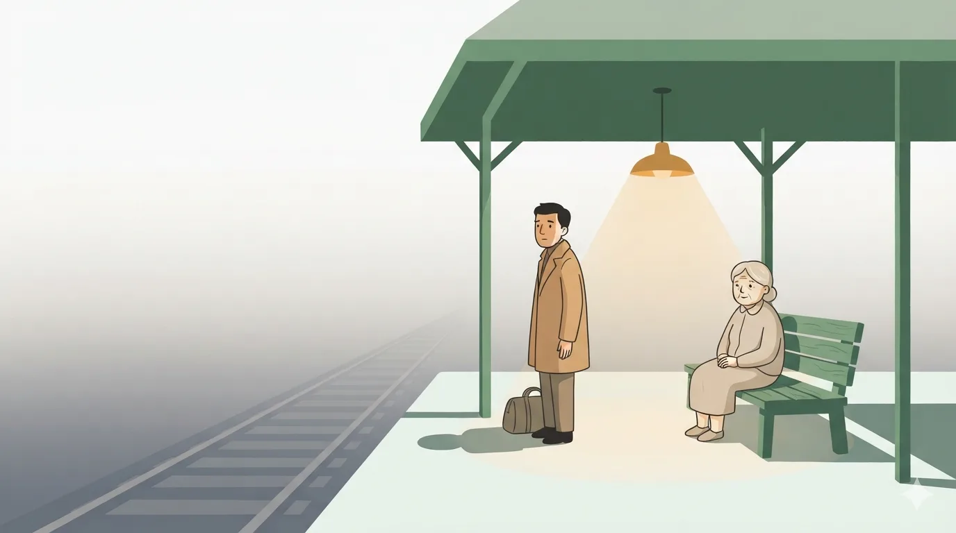 A traveler with a bag looks down empty tracks, an elderly woman sits calmly on a bench behind him.