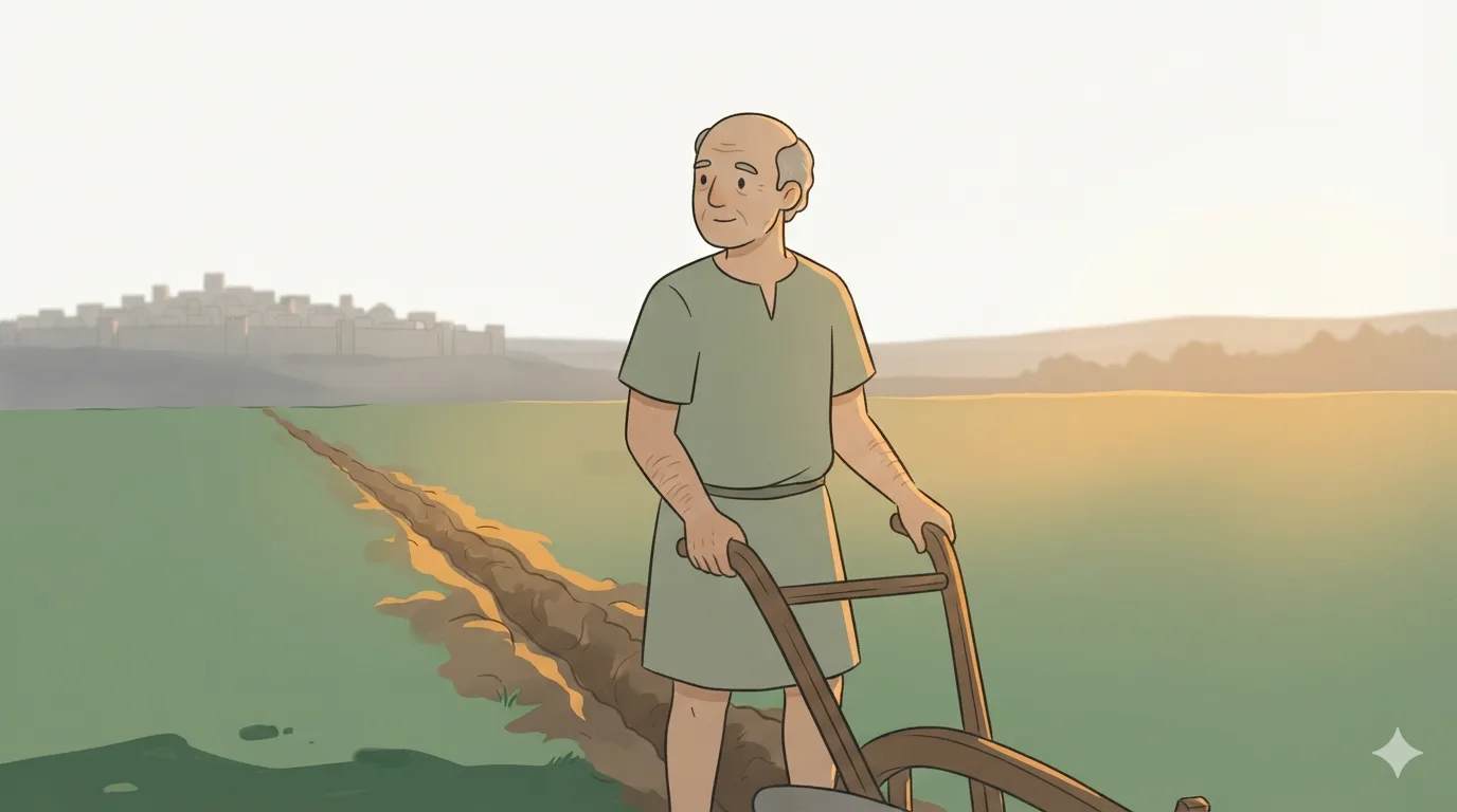 An older man in simple farmer's clothes stands at a wooden plow in a half-plowed field, looking toward a distant city.