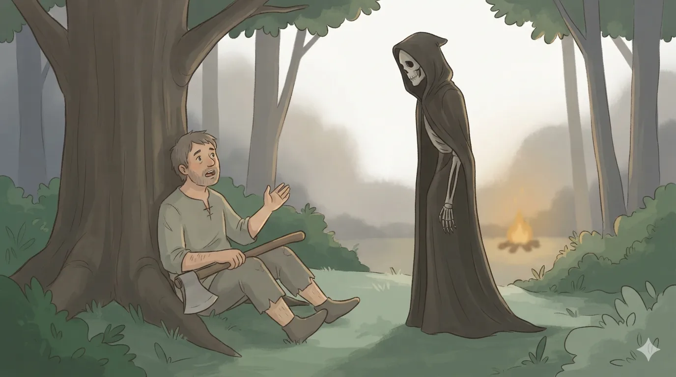 A startled woodcutter sits under a tree with his axe on his lap, one hand raised, as a dark-cloaked figure of Death stands silently before him.