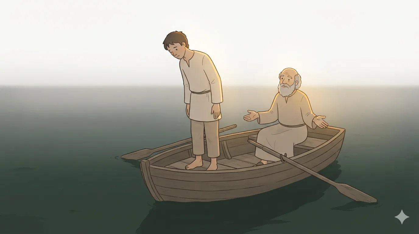 A young man stands in the boat gazing into dark water while an old merchant sits behind him with the oars.